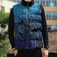 Personalised Polynesia Blue Marlin Fishing Sleeveless Puffer Jacket Marlin Anchor Tattoo Polynesian Pattern LT14 - Polynesian Pride