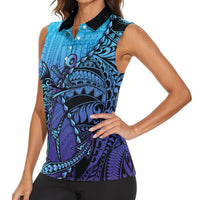 Personalised Polynesia Blue Marlin Fishing Women Sleeveless Polo Shirt Marlin Anchor Tattoo Polynesian Pattern LT14 - Polynesian Pride
