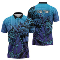 Personalised Polynesia Blue Marlin Fishing Zipper Polo Shirt Marlin Anchor Tattoo Polynesian Pattern LT14 - Polynesian Pride