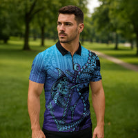Personalised Polynesia Blue Marlin Fishing Zipper Polo Shirt Marlin Anchor Tattoo Polynesian Pattern LT14 - Polynesian Pride