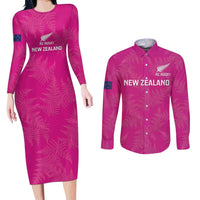 Custom New Zealand Silver Fern Rugby Couples Matching Long Sleeve Bodycon Dress and Long Sleeve Button Shirt Go Aotearoa - Pink Version