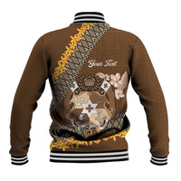 Personalised Tonga Language Week Baseball Jacket Malo e Lelei Tongan Ngatu Pattern - Brown LT14 - Polynesian Pride