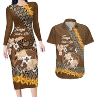 Personalised Tonga Language Week Couples Matching Long Sleeve Bodycon Dress and Hawaiian Shirt Malo e Lelei Tongan Ngatu Pattern - Brown LT14 Brown - Polynesian Pride