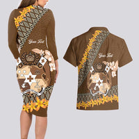 Personalised Tonga Language Week Couples Matching Long Sleeve Bodycon Dress and Hawaiian Shirt Malo e Lelei Tongan Ngatu Pattern - Brown LT14 - Polynesian Pride