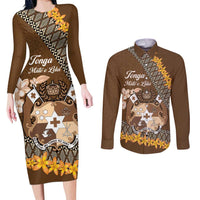 Personalised Tonga Language Week Couples Matching Long Sleeve Bodycon Dress and Long Sleeve Button Shirt Malo e Lelei Tongan Ngatu Pattern - Brown LT14 Brown - Polynesian Pride