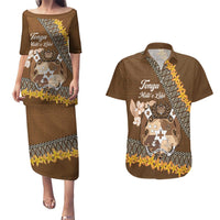 Personalised Tonga Language Week Couples Matching Puletasi and Hawaiian Shirt Malo e Lelei Tongan Ngatu Pattern - Brown LT14 Brown - Polynesian Pride