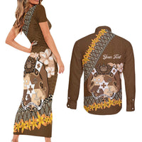 Personalised Tonga Language Week Couples Matching Short Sleeve Bodycon Dress and Long Sleeve Button Shirt Malo e Lelei Tongan Ngatu Pattern - Brown LT14 - Polynesian Pride