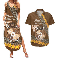 Personalised Tonga Language Week Couples Matching Summer Maxi Dress and Hawaiian Shirt Malo e Lelei Tongan Ngatu Pattern - Brown LT14 Brown - Polynesian Pride