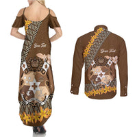 Personalised Tonga Language Week Couples Matching Summer Maxi Dress and Long Sleeve Button Shirt Malo e Lelei Tongan Ngatu Pattern - Brown LT14 - Polynesian Pride