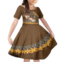 Personalised Tonga Language Week Family Matching Summer Maxi Dress and Hawaiian Shirt Malo e Lelei Tongan Ngatu Pattern - Brown LT14 Daughter's Dress Brown - Polynesian Pride