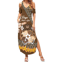 Personalised Tonga Language Week Summer Maxi Dress Malo e Lelei Tongan Ngatu Pattern - Brown LT14 Women Brown - Polynesian Pride