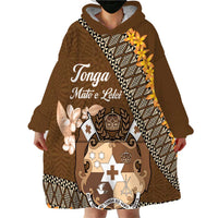 Personalised Tonga Language Week Wearable Blanket Hoodie Malo e Lelei Tongan Ngatu Pattern - Brown