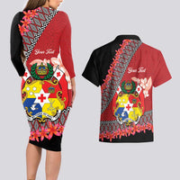 Personalised Tonga Language Week Couples Matching Long Sleeve Bodycon Dress and Hawaiian Shirt Malo e Lelei Tongan Ngatu Pattern - Red LT14 - Polynesian Pride