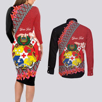 Personalised Tonga Language Week Couples Matching Long Sleeve Bodycon Dress and Long Sleeve Button Shirt Malo e Lelei Tongan Ngatu Pattern - Red LT14 - Polynesian Pride