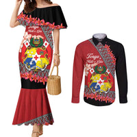 Personalised Tonga Language Week Couples Matching Mermaid Dress and Long Sleeve Button Shirt Malo e Lelei Tongan Ngatu Pattern - Red LT14 Red - Polynesian Pride