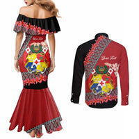 Personalised Tonga Language Week Couples Matching Mermaid Dress and Long Sleeve Button Shirt Malo e Lelei Tongan Ngatu Pattern - Red LT14 - Polynesian Pride