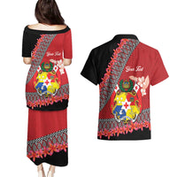 Personalised Tonga Language Week Couples Matching Puletasi and Hawaiian Shirt Malo e Lelei Tongan Ngatu Pattern - Red LT14 - Polynesian Pride