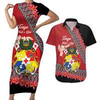 Personalised Tonga Language Week Couples Matching Short Sleeve Bodycon Dress and Hawaiian Shirt Malo e Lelei Tongan Ngatu Pattern - Red LT14 Red - Polynesian Pride