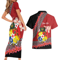 Personalised Tonga Language Week Couples Matching Short Sleeve Bodycon Dress and Hawaiian Shirt Malo e Lelei Tongan Ngatu Pattern - Red LT14 - Polynesian Pride