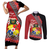 Personalised Tonga Language Week Couples Matching Short Sleeve Bodycon Dress and Long Sleeve Button Shirt Malo e Lelei Tongan Ngatu Pattern - Red LT14 Red - Polynesian Pride