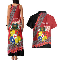 Personalised Tonga Language Week Couples Matching Tank Maxi Dress and Hawaiian Shirt Malo e Lelei Tongan Ngatu Pattern - Red LT14 - Polynesian Pride