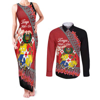 Personalised Tonga Language Week Couples Matching Tank Maxi Dress and Long Sleeve Button Shirt Malo e Lelei Tongan Ngatu Pattern - Red LT14 Red - Polynesian Pride
