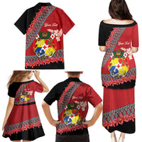 Personalised Tonga Language Week Family Matching Puletasi and Hawaiian Shirt Malo e Lelei Tongan Ngatu Pattern - Red LT14 - Polynesian Pride