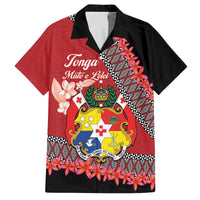 Personalised Tonga Language Week Family Matching Puletasi and Hawaiian Shirt Malo e Lelei Tongan Ngatu Pattern - Red LT14 Dad's Shirt - Short Sleeve Red - Polynesian Pride