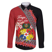 Personalised Tonga Language Week Family Matching Puletasi and Hawaiian Shirt Malo e Lelei Tongan Ngatu Pattern - Red LT14 Dad's Shirt - Long Sleeve Red - Polynesian Pride