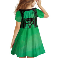 Personalised Moko Kauae New Zealand Family Matching Off The Shoulder Long Sleeve Dress and Hawaiian Shirt Maori Chin Tattoo Green - Polynesian Pride