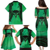 Personalised Moko Kauae New Zealand Family Matching Puletasi and Hawaiian Shirt Maori Chin Tattoo Green - Polynesian Pride