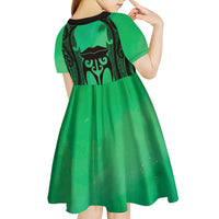 Personalised Moko Kauae New Zealand Kid Short Sleeve Dress Maori Chin Tattoo Green - Polynesian Pride