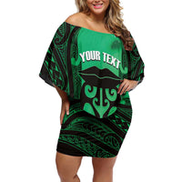 Personalised Moko Kauae New Zealand Off Shoulder Short Dress Maori Chin Tattoo Green - Polynesian Pride