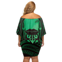Personalised Moko Kauae New Zealand Off Shoulder Short Dress Maori Chin Tattoo Green - Polynesian Pride