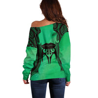 Personalised Moko Kauae New Zealand Off Shoulder Sweater Maori Chin Tattoo Green - Polynesian Pride