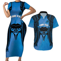 Personalised Moko Kauae New Zealand Couples Matching Short Sleeve Bodycon Dress and Hawaiian Shirt Maori Chin Tattoo Blue - Polynesian Pride