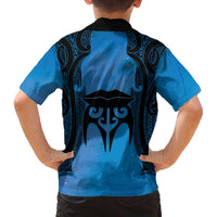 Personalised Moko Kauae New Zealand Family Matching Off The Shoulder Long Sleeve Dress and Hawaiian Shirt Maori Chin Tattoo Blue - Polynesian Pride