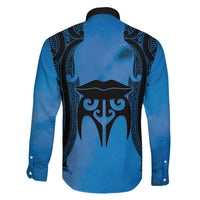 Personalised Moko Kauae New Zealand Family Matching Off The Shoulder Long Sleeve Dress and Hawaiian Shirt Maori Chin Tattoo Blue - Polynesian Pride