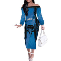 Personalised Moko Kauae New Zealand Family Matching Off The Shoulder Long Sleeve Dress and Hawaiian Shirt Maori Chin Tattoo Blue - Polynesian Pride