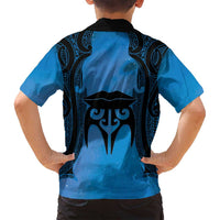 Personalised Moko Kauae New Zealand Family Matching Off Shoulder Short Dress and Hawaiian Shirt Maori Chin Tattoo Blue - Polynesian Pride
