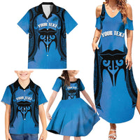 Personalised Moko Kauae New Zealand Family Matching Summer Maxi Dress and Hawaiian Shirt Maori Chin Tattoo Blue - Polynesian Pride