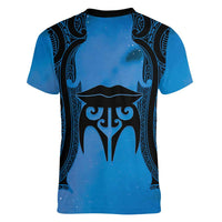Personalised Moko Kauae New Zealand Women V-Neck T-Shirt Maori Chin Tattoo Blue - Polynesian Pride