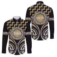 Aotearoa Waikato Tainui Personalised Family Matching Long Sleeve Bodycon Dress and Hawaiian Shirt Maori Iwi Poutama Puhoro Tattoo LT14 Dad's Shirt - Long Sleeve Old Yellow - Polynesian Pride