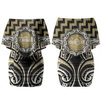 Aotearoa Waikato Tainui Personalised Family Matching Off Shoulder Short Dress and Hawaiian Shirt Maori Iwi Poutama Puhoro Tattoo LT14 Mom's Dress Old Yellow - Polynesian Pride