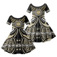 Aotearoa Waikato Tainui Personalised Family Matching Short Sleeve Bodycon Dress and Hawaiian Shirt Maori Iwi Poutama Puhoro Tattoo LT14 Daughter's Dress Old Yellow - Polynesian Pride