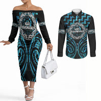 Aotearoa Ngati Kahungunu Personalised Couples Matching Off The Shoulder Long Sleeve Dress and Long Sleeve Button Shirt Maori Iwi Poutama Puhoro Tattoo LT14 Turquoise - Polynesian Pride