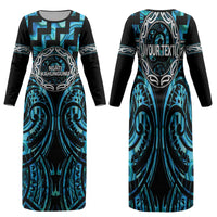 Aotearoa Ngati Kahungunu Personalised Family Matching Long Sleeve Bodycon Dress and Hawaiian Shirt Maori Iwi Poutama Puhoro Tattoo LT14 Mom's Dress Turquoise - Polynesian Pride