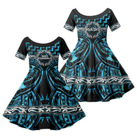 Aotearoa Ngati Kahungunu Personalised Family Matching Long Sleeve Bodycon Dress and Hawaiian Shirt Maori Iwi Poutama Puhoro Tattoo LT14 Daughter's Dress Turquoise - Polynesian Pride