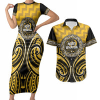 Aotearoa Ngati Whatua Personalised Couples Matching Short Sleeve Bodycon Dress and Hawaiian Shirt Maori Iwi Poutama Puhoro Tattoo LT14 Yellow - Polynesian Pride