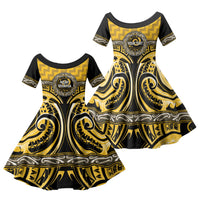 Aotearoa Ngati Whatua Personalised Family Matching Off The Shoulder Long Sleeve Dress and Hawaiian Shirt Maori Iwi Poutama Puhoro Tattoo LT14 Daughter's Dress Yellow - Polynesian Pride
